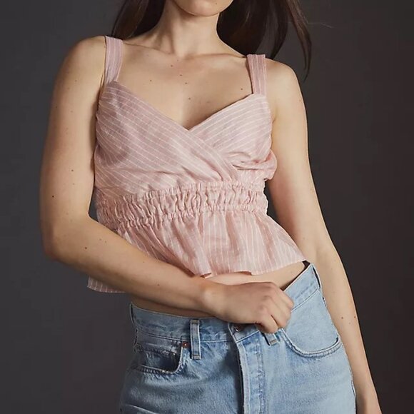 NWT! Anthro Maeve Shirred Striped Peplum Cropped Top, Pink Rose, Size Small - Picture 1 of 8
